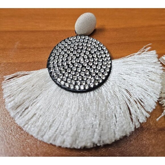 Boho Chic Black and White Fringe Earrings With Rhinestones & Fabric Accents - Picture 4 of 5